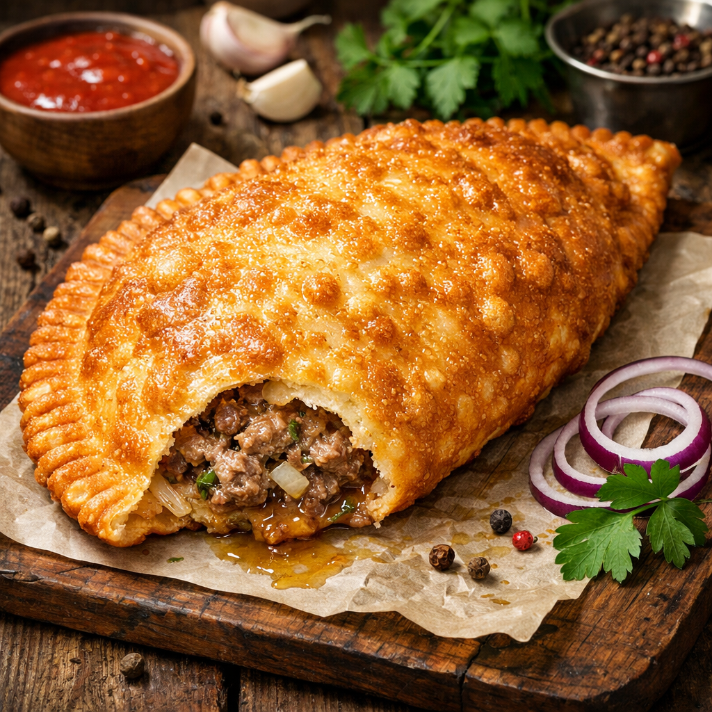
          Золотистые, хрустящие пирожки в форме полумесяца с сочной мясной начинкой — популярная уличная еда Кавказа.
        